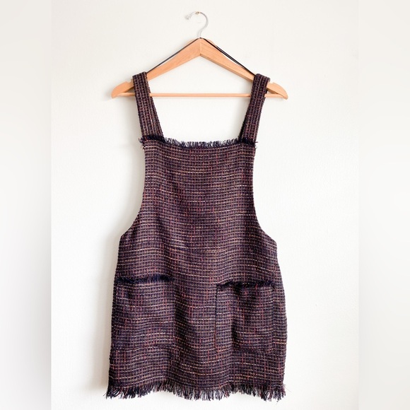 ZARA Tweed Burgundy Overalls Dress Mini Square Neck Sleeveless Classic Preppy S - Picture 7 of 12